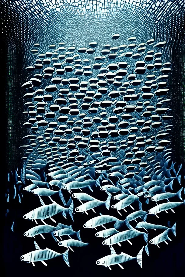 a school of ASCII fish swimming by; artwork of a school of fish made with English computer keyboard characters