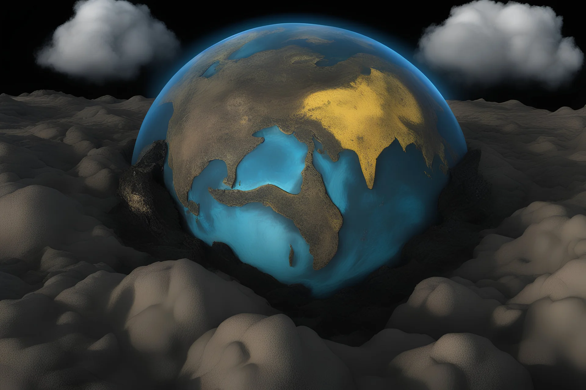 a blue and yellow globe on a black background, a digital rendering, inspired by Lorentz Frölich, terraformed mars, round clouds, morrowind, rendered in arnold engine