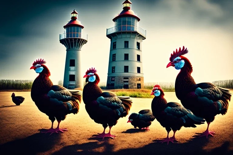 Five hens in front of a lighttower