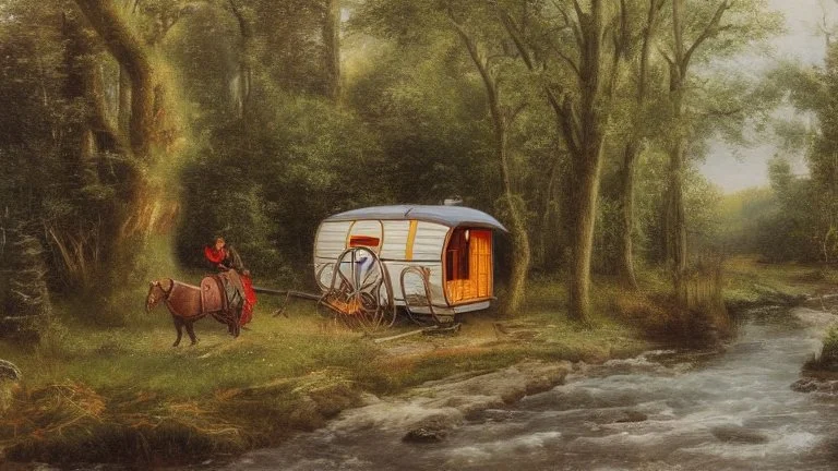 gypsy caravan in a woodland with pathway and river