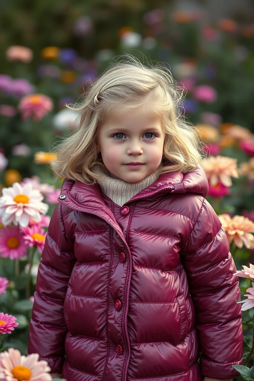 Autochrome, petite fille, douce, dans un jardin, elle porte une doudoune en bonbons.