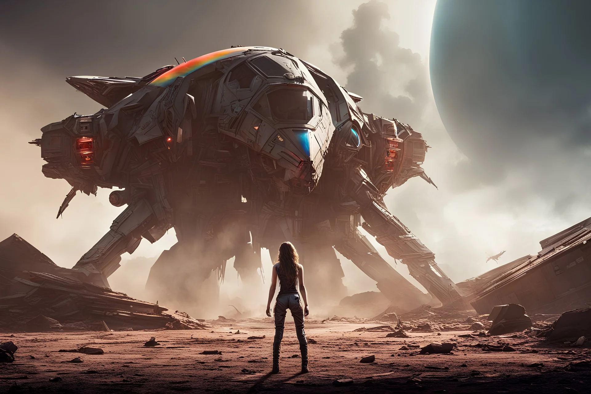 Beautiful girl with rainbow eyes, tribal warrior, strong, sad, resilient, defiant, full body, with family of 5 beside her, defending, Masterpiece, best quality, cinematic lighting, futuristic, standing in front of crashed spaceship, tough stance.