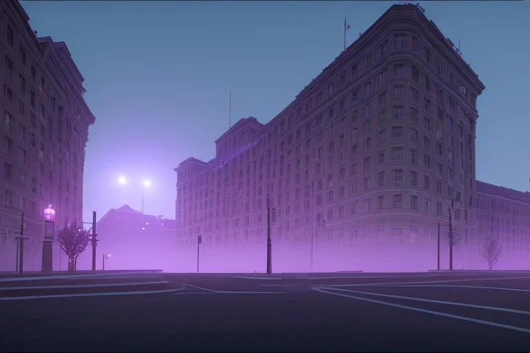 hstreet view of hospital from across the street, night time , unity, scriptable render pipeline , lighting , volumetric , global illumination, fog , purple emission , purple tone.