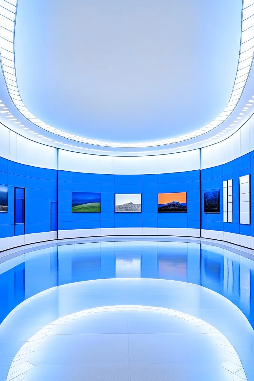 Museum blue wall paintings, oval walls and white floor