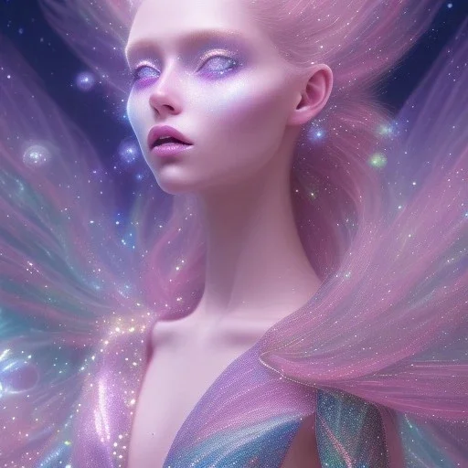 one big crystal glitter pink blue subtle galactic fairy in a galactic ambiance,glitter long blond hair down to the ground,transparent petals,blue eyes,delicate colors in the foreground, full of details, smooth，soft pink violet light atmosphere, light effect，vaporwave colorful, concept art, smooth, extremely sharp detail, finely tuned detail, ultra high definition, 8 k, unreal engine 5, ultra sharp focus