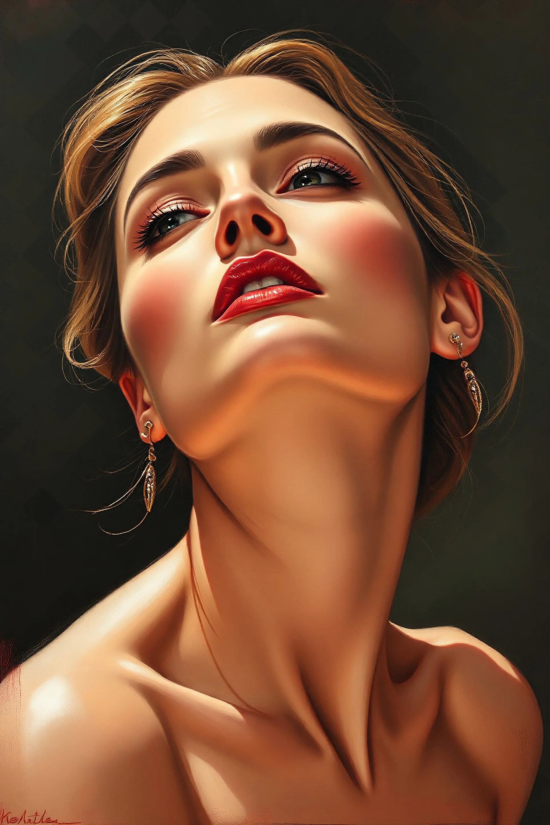 create the face of a woman from head to waist, oil on canvas, in the art style of Frank Frazetta