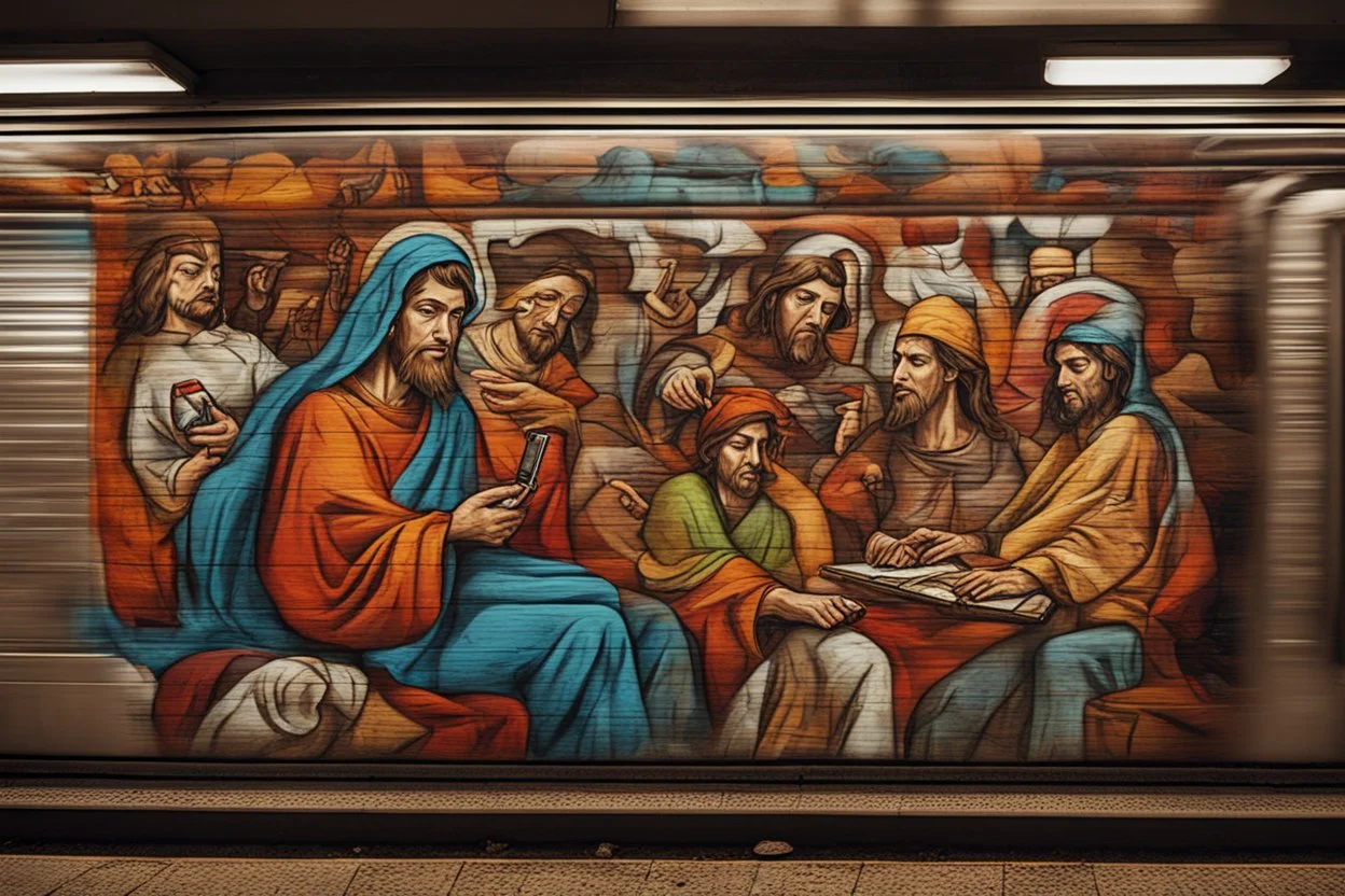 ˂https://soundcloud.com/b-mannen˃ Jesus Christ is Writing the text: "KEBAB BROTHERS" in Graffiti text, in subway