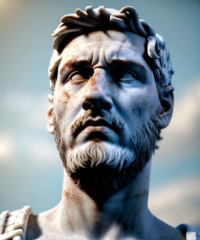 Ultra Realistic image, roman sculpture, white marble material, Lionel Messi, Caesar emperor Laurel crown, miguel angel style, chisel style, emperador, waist up portrait, epic, celestial, cinematic lighting, God light, god rays, 4k resolution, smooth details, ornate details, soft lighting, unreal engine 5, sky and clouds background.