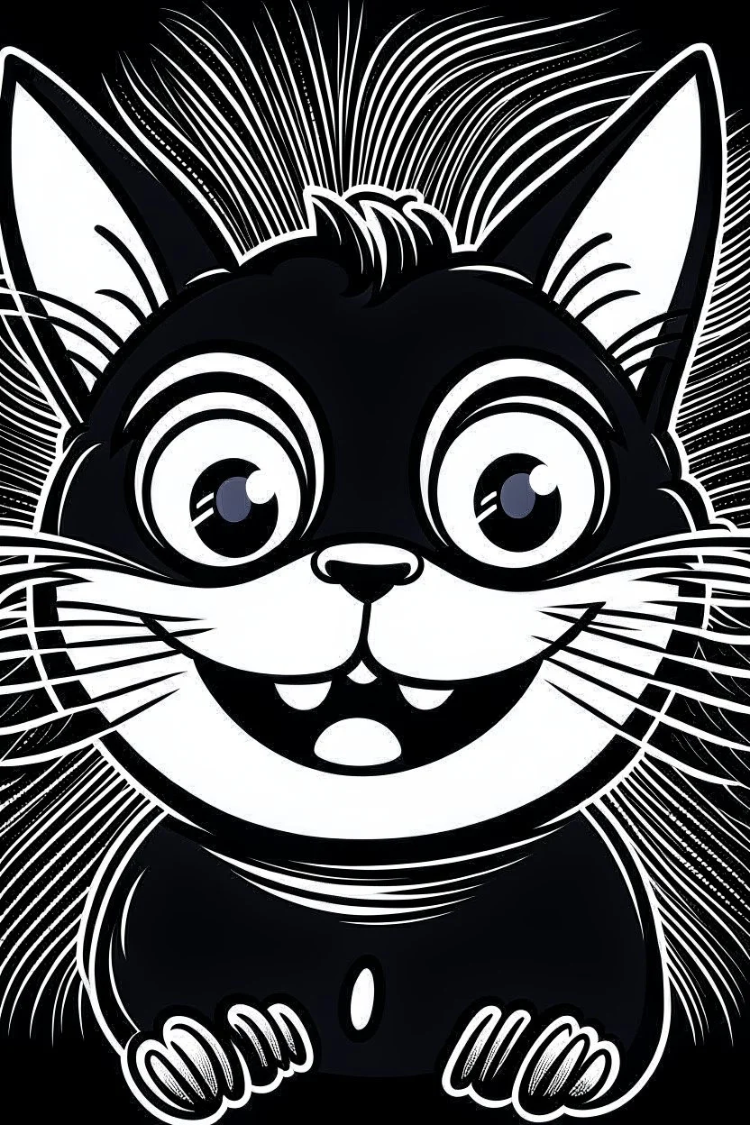 "Create a whimsical, black-and-white line art illustration of a playful and goofy cat. The cat should have exaggerated features, including large, bulging eyes, a wide, toothy grin, and a tongue sticking out. The fur should be depicted with detailed, expressive lines to convey a sense of fun and mischief. Ensure the overall style is cartoonish and engaging, suitable for a coloring page."