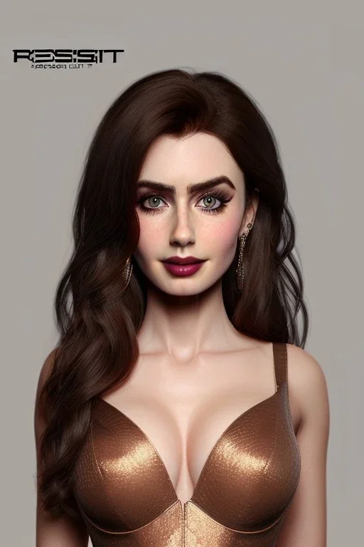 Portrait busty and face, Lilly collins face, brown eyes, wearing Womderfull dress,