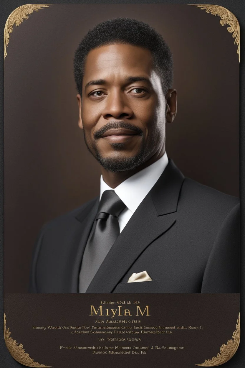 An extremely formal, funeral program on darkest bronze deeply pigmented velvet paper with brilliant, brightest heavy golden fonts, with a photograph on the front of the program of an strikingly handsome slightly tanned Biracial Black man of 50 years of age, with a slightly gray goatee dressed in a very dark conservative suit and tie, the photograph has a dark brown background or dark brown drapery background, simple, minimalistic, less element, very dramatic lighting