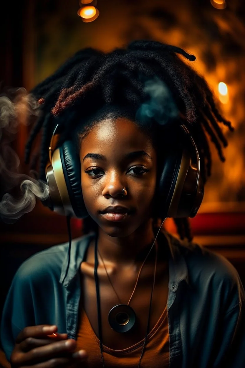 earthy black young woman listening to music with small old school headphones, soul, peace, majestic, earthy colours, at peace, happy, incense, jewels, bands, natural, old school headphones, blasian eyes, incense, very dark skin