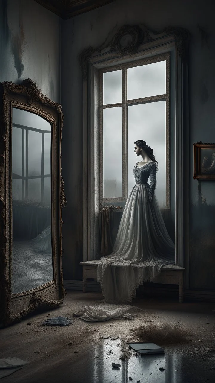 An old dusty wedding dress hanging on the wall in front of broken big mirror on the wall of an abandoned room , stormy foggy sky in the background, Bosch painting style, sad and tragic and dark scenes