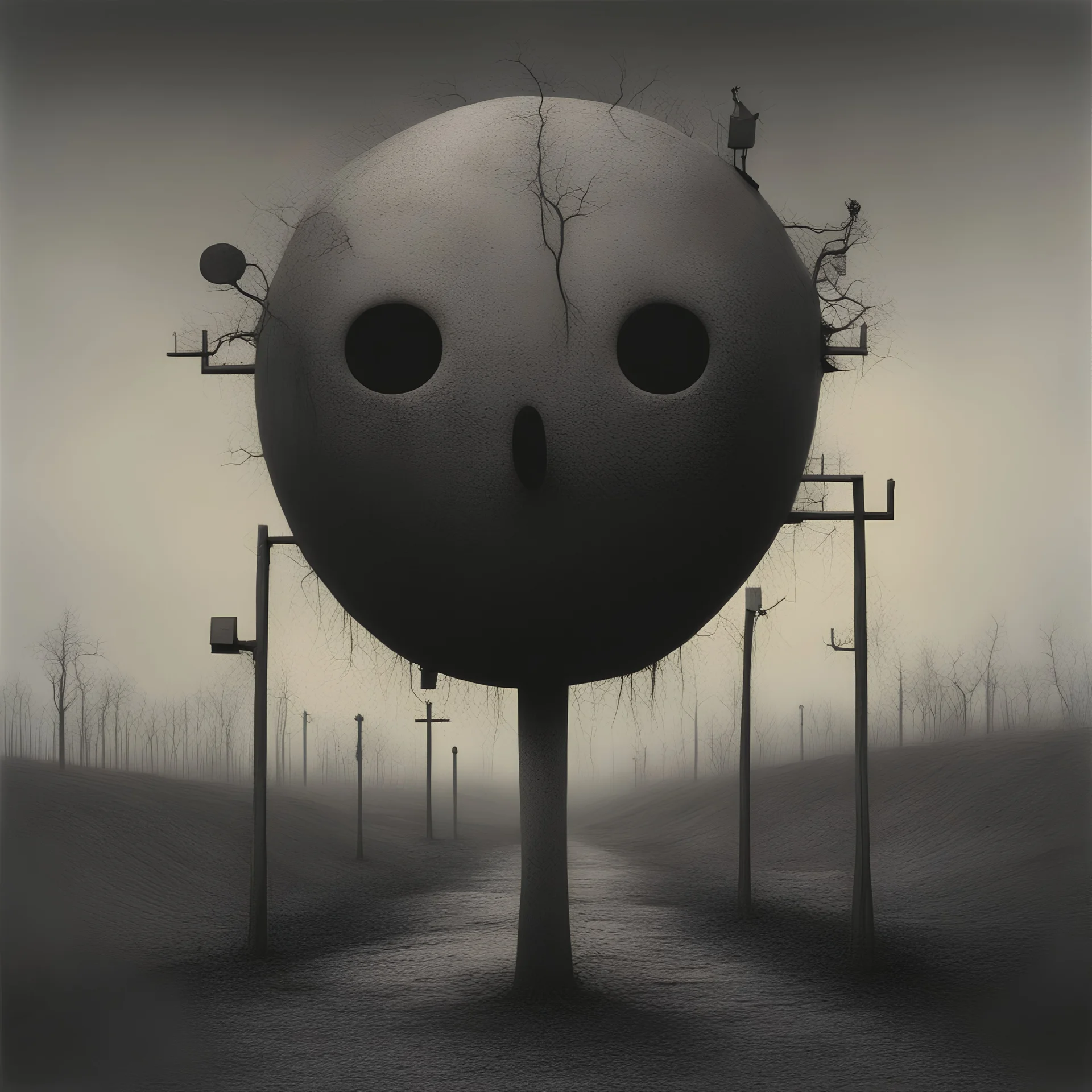 Style by Joan Miro and Zdzislaw Beksinski and Aeron Alfrey, weirdcore, paradoxical sinister road crossing signs, depth of field, unsettling, asymmetric abstractions, surreal masterpiece, juxtaposition of the uncanny and the banal, creepy, never before seen art of beyond