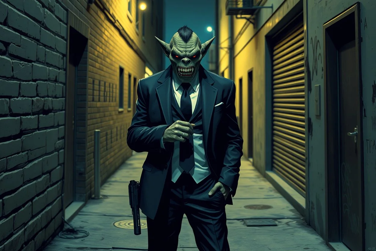 Orc mafia enforcer in a suit standing in an alleyway