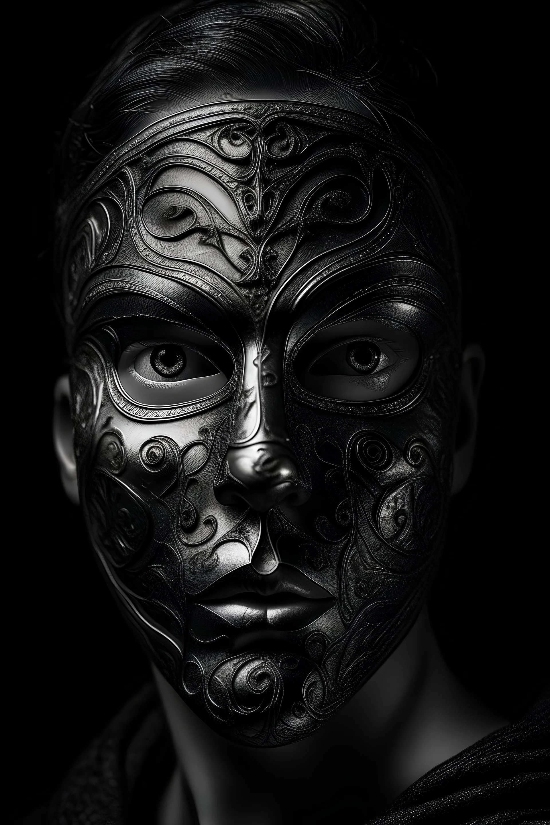 Every person has two lives, a carefully constructed facade visible to all and a hidden, mysterious inner world known only to themselves. This enigmatic dichotomy is depicted in a mesmerizing portrait: a person wearing a mask of confidence and cheerfulness for the world to see, while their eyes betray a depth of emotion and complexity. The image, perhaps a painting, captures the duality of human existence with exquisite detail and a profound sense of wonder. The vivid colors and intricate brushwo