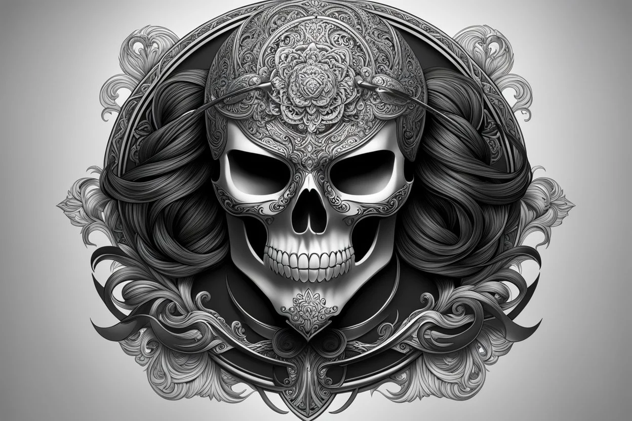 Logo skull, man hair , scissors, mask, cover face in 8k tattoo artist dynamic pose, oshare kei, hurufiyya, rtx, intricate details, highly detailed, high details, detailed portrait, masterpiece,ultra detailed, ultra quality