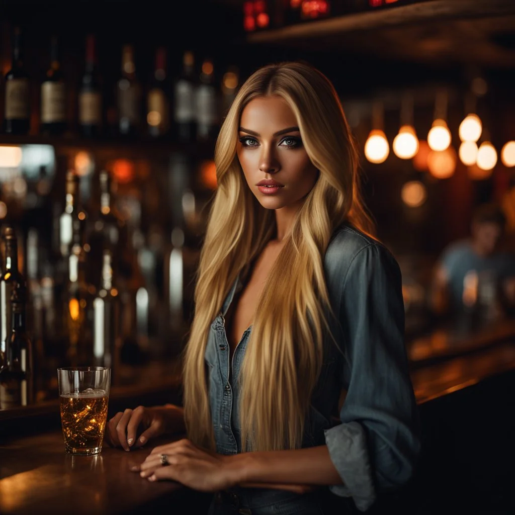 stunning 20 year old woman, fiesty expression, long blonde hair, photorealistic, 4k,working in a bar