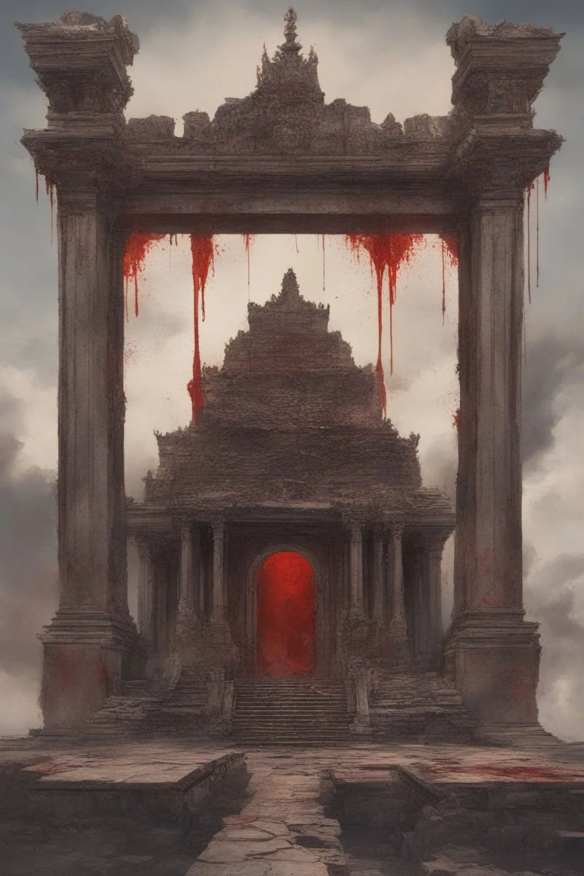 Broken temple with the floor covered in blood, detailed painting, sky of blood