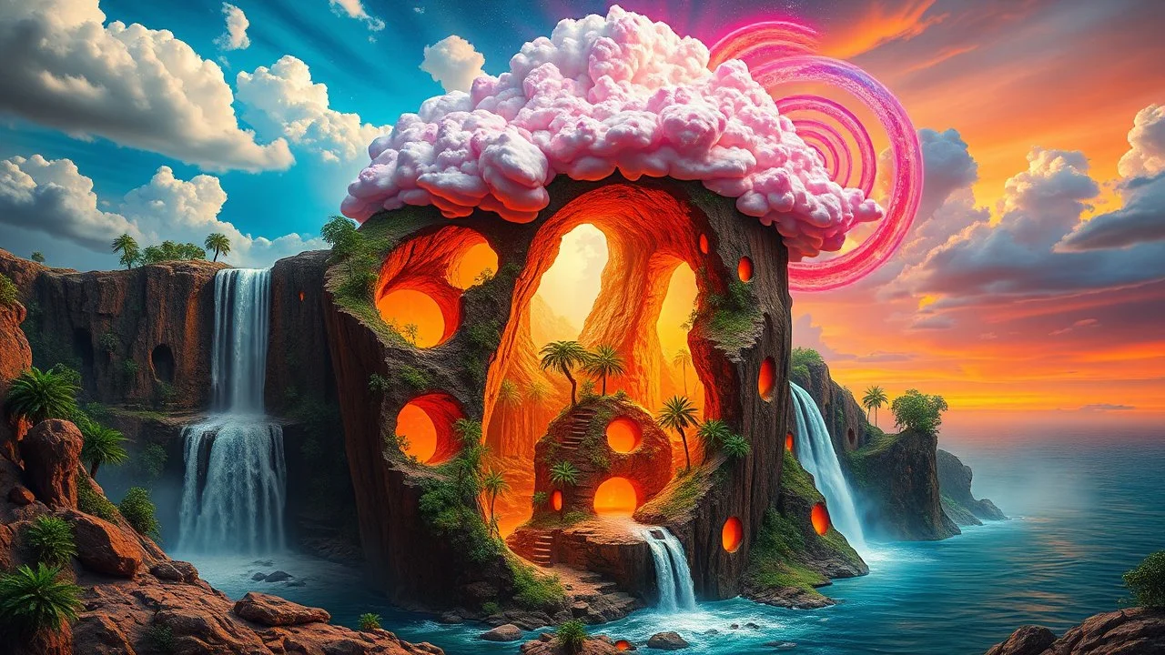 waterfall full of holes with various jungle flowing spiral cloud neon colorful Unique open cliff burning ripped surrealistic artwork with shiny shackled by cliff and sea island, while holding a waterfall doing pulling, the open cavity inside the body is a scene of an ancient Egyptian painting in the Gesang desert 5D diorama, with seven open panels on the revealing a forest with a thousand shadows, giving a triple exposure effect on a Balinese girl and her neck cavity and her telepathy waves