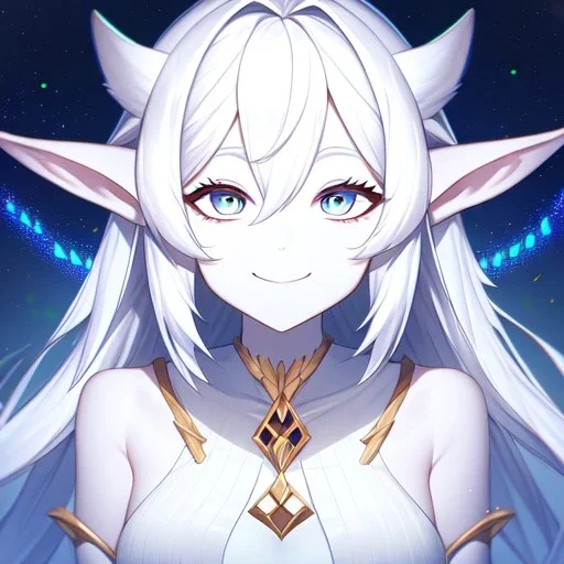 cosmic mage, elf, female, cosmic magic, long ears, white hair, face details, pale skin, jewellery, broad shoulders, sharp ears, cosmic clothes, cosmic eyes, ears shown, the cosmos in eyes, shining eyes, thin face, detailed ears, magical eyes, closed mouth, make up, smiling face, happy face, pointy ears