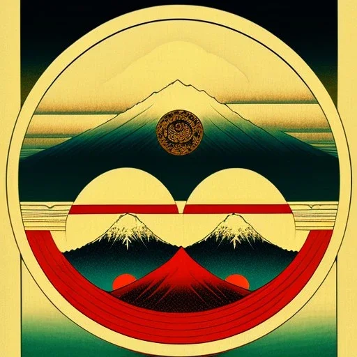 Ukiyo-e styled art, yin and yang sign, mountains and sun