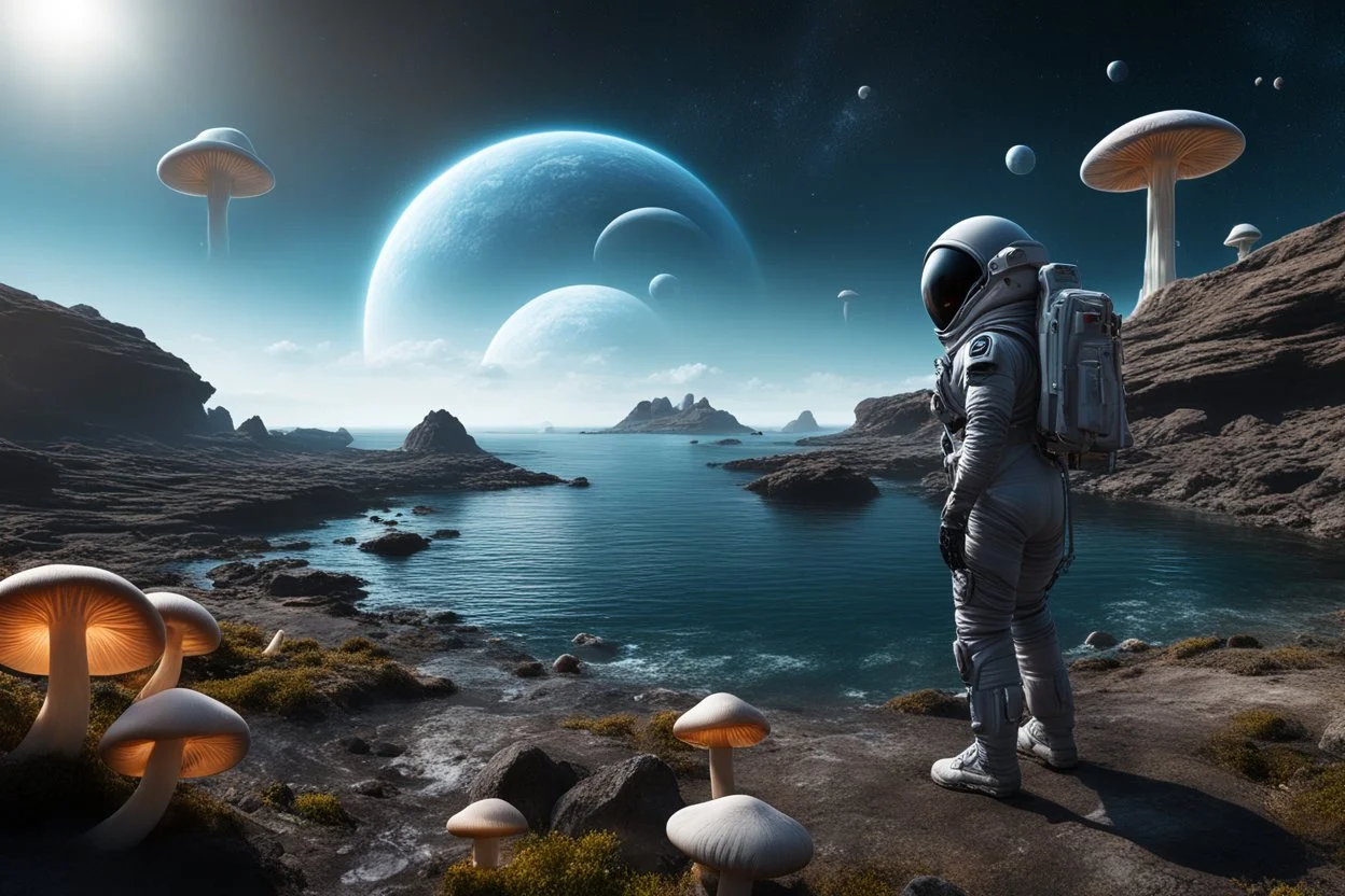 A hyper-realistic 16K 3D photograph of an alien world, with a woman in a spacesuit looking over a rocky shoreline, witch's hat mushrooms with tentacles floating across the sky