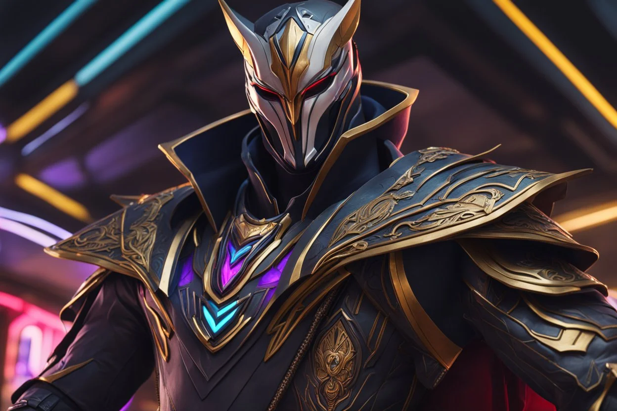 Jhin in 8k live action artstyle, mask, wapen, full body, neon lights, intricate details, highly detailed, high details, detailed portrait, masterpiece,ultra detailed, ultra quality