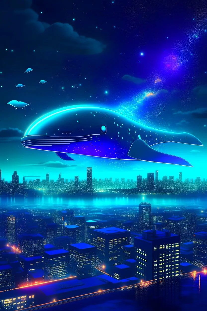 The city of the future is on the back of a decorated celestial whale swimming in space full of stars, planets, and the otherworldly world.