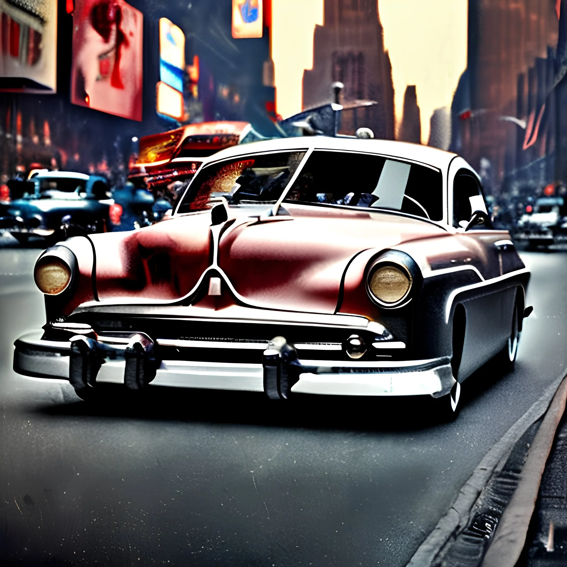 Picture 1950's street life New York, blurred, abstractism, colours, strong texture, 3d