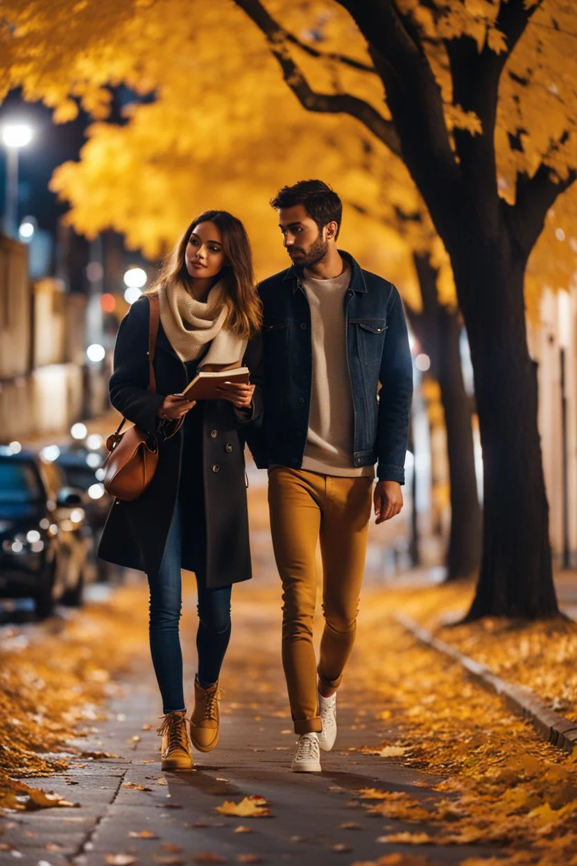 night yellow lights over the street trees autumn leaves under feet ,a Student adult girl with books in her hand walking in street looking to camera her boy friend flowing her with few steps away