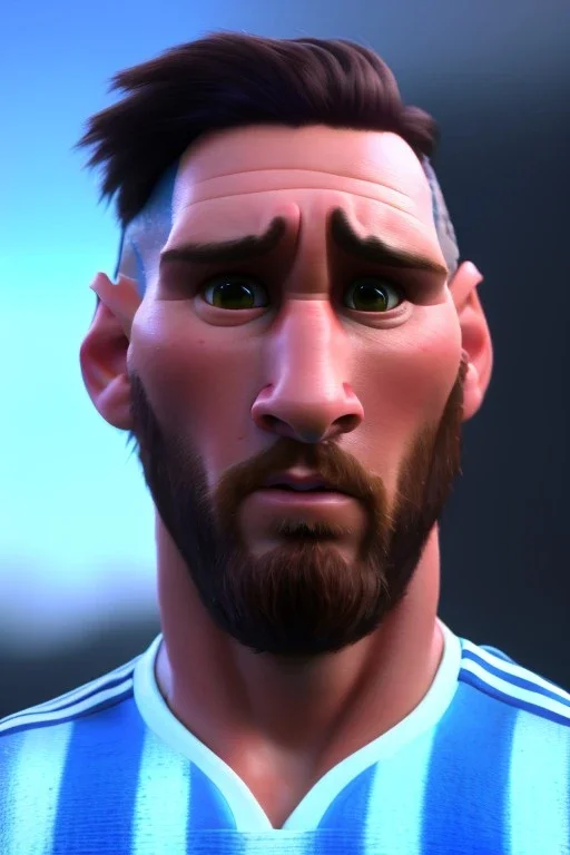 Realistic Messi Argentina soccer player Portrait, mid shot view, concept art, art station, 3d, photo studio, blue clean background, unreal engine 5, ray tracing, RTX, lumen lighting, ultra detail, volumetric lighting.