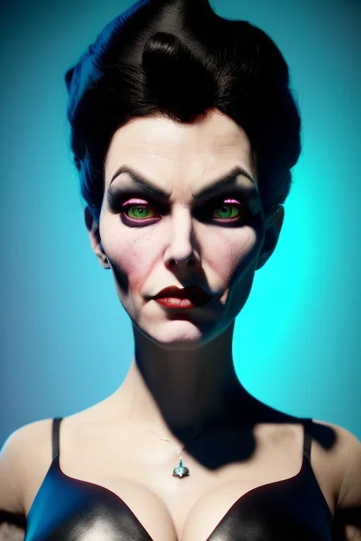 Lene Nystrøm as evil queen in black leather, busty, cleavage, voluptuous, Aqua Lene, angry, stern look. character design by cory loftis, fenghua zhong, ryohei hase, ismail inceoglu and ruan jia. unreal engine 5, artistic lighting, highly detailed, photorealistic, fantasy