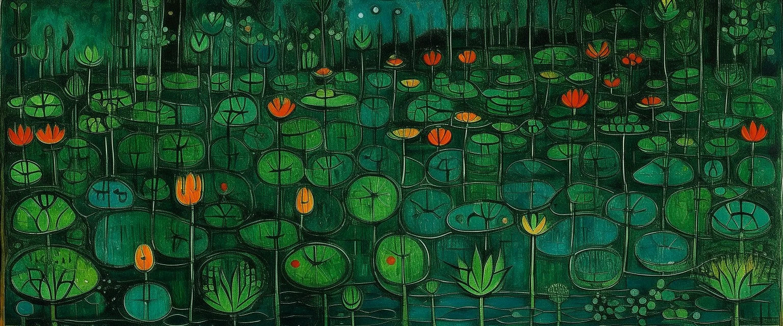 A green lily pad swamp at night designed in Kuna molas painted by Paul Klee