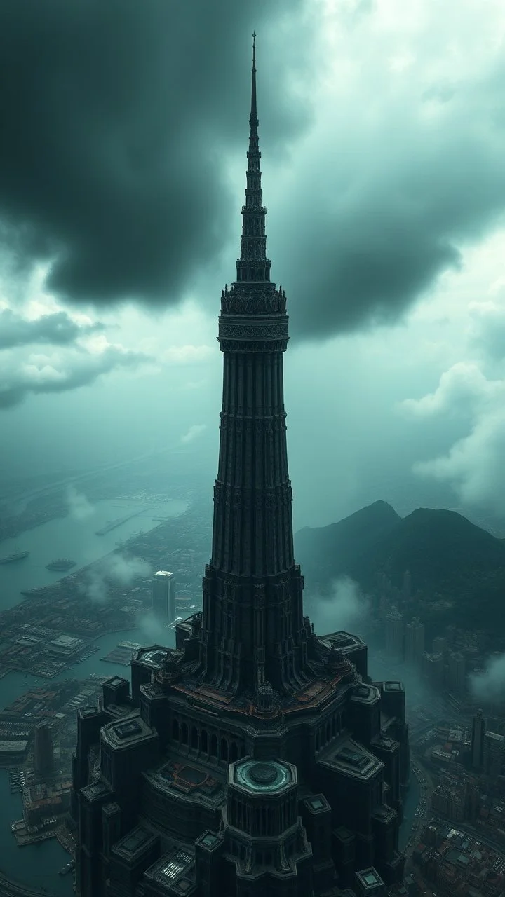 Top view zoomed in to the city of Atlantis with a tall tower , very high , stormy, clouds