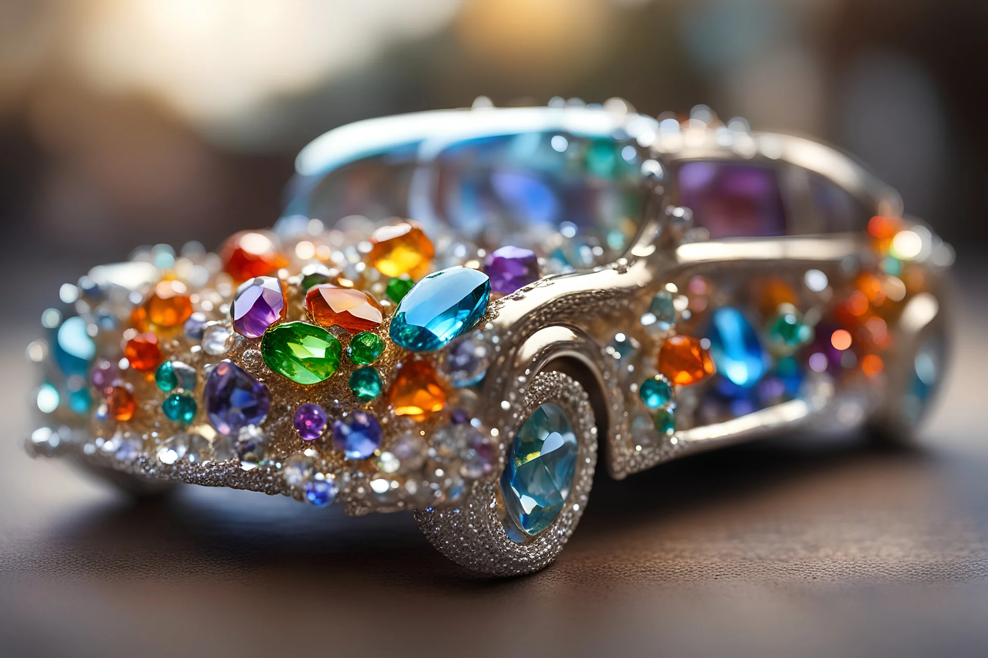 Coloured glass car set with gemstones, glittering metal stems and gemstone leaves sharp focus elegant extremely detailed intricate very attractive beautiful dynamic lighting fantastic view crisp quality exquisite detail gems and jewels S<AI in sunshine Weight:1 Professional photography, bokeh, natural lighting, canon lens, shot on dslr 64 megapixels sharp focus Weight:0.9