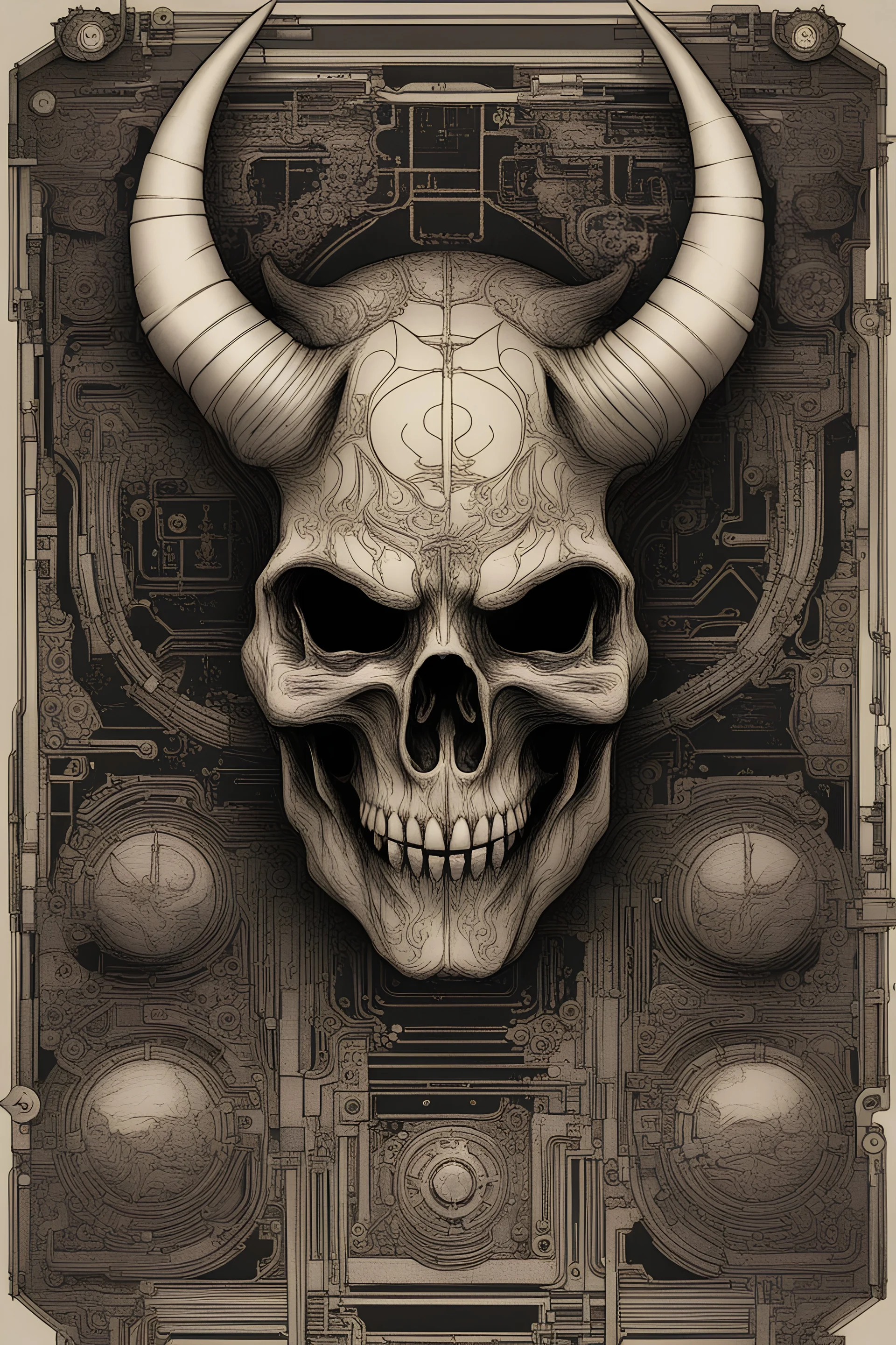 a devil's skull with circuitry for horns