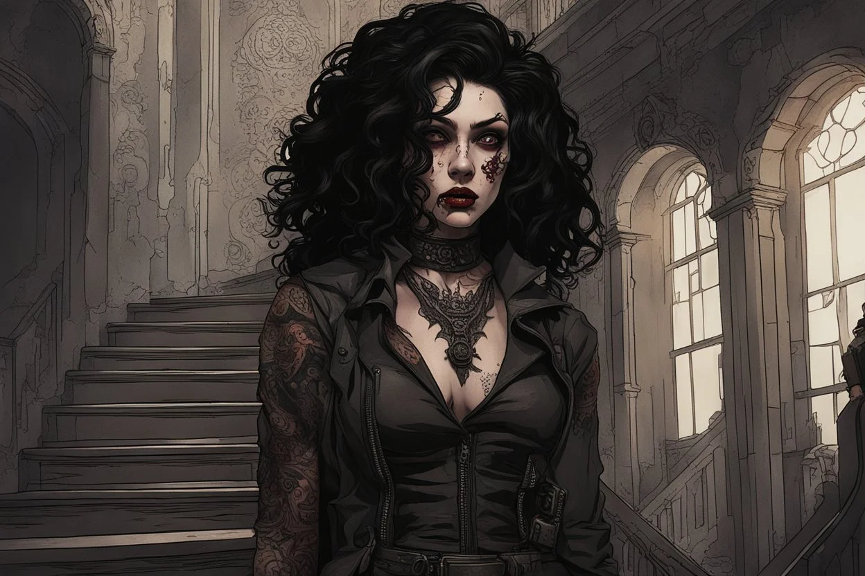 scarred cyberpunk vampire girl with tribal tattoos short curly dark cyberpunk hair descending the staircase in decaying gothic mansion with automatic pistol in hand at dawn