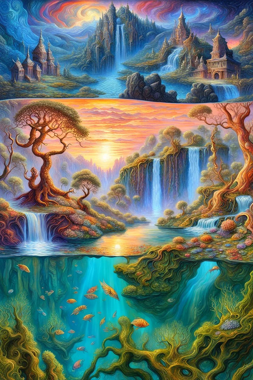 Imaginary landscape trees. . And he sells. Meh. lake.Underwater ornamental fish perfect anatomy, fantasy, vibrant digital art professional award winning masterpiece, oil on canvas Atmospheric extremely detailed Josephine Wall