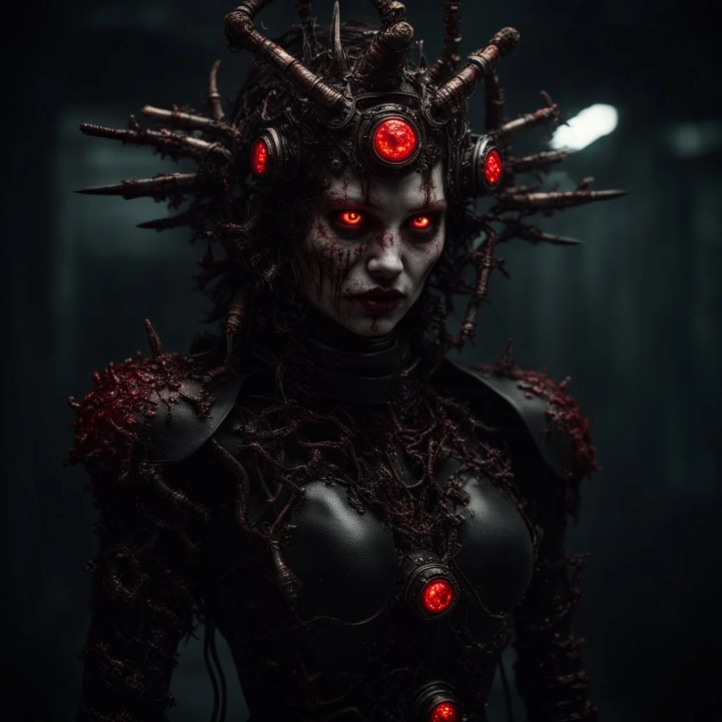 Demonic mechanical creepy aggressive necrophage zombie undead girl with scary red eyes, in a spiky leather and mechanical parts suit with tubes, dark fantasy horror, Filigree, Aesthetically pleasing, Realistic, Professional photo, 4k, hight resolution, higly detailed, 30mm lens, 1/250s, f/2.8, ISO 100