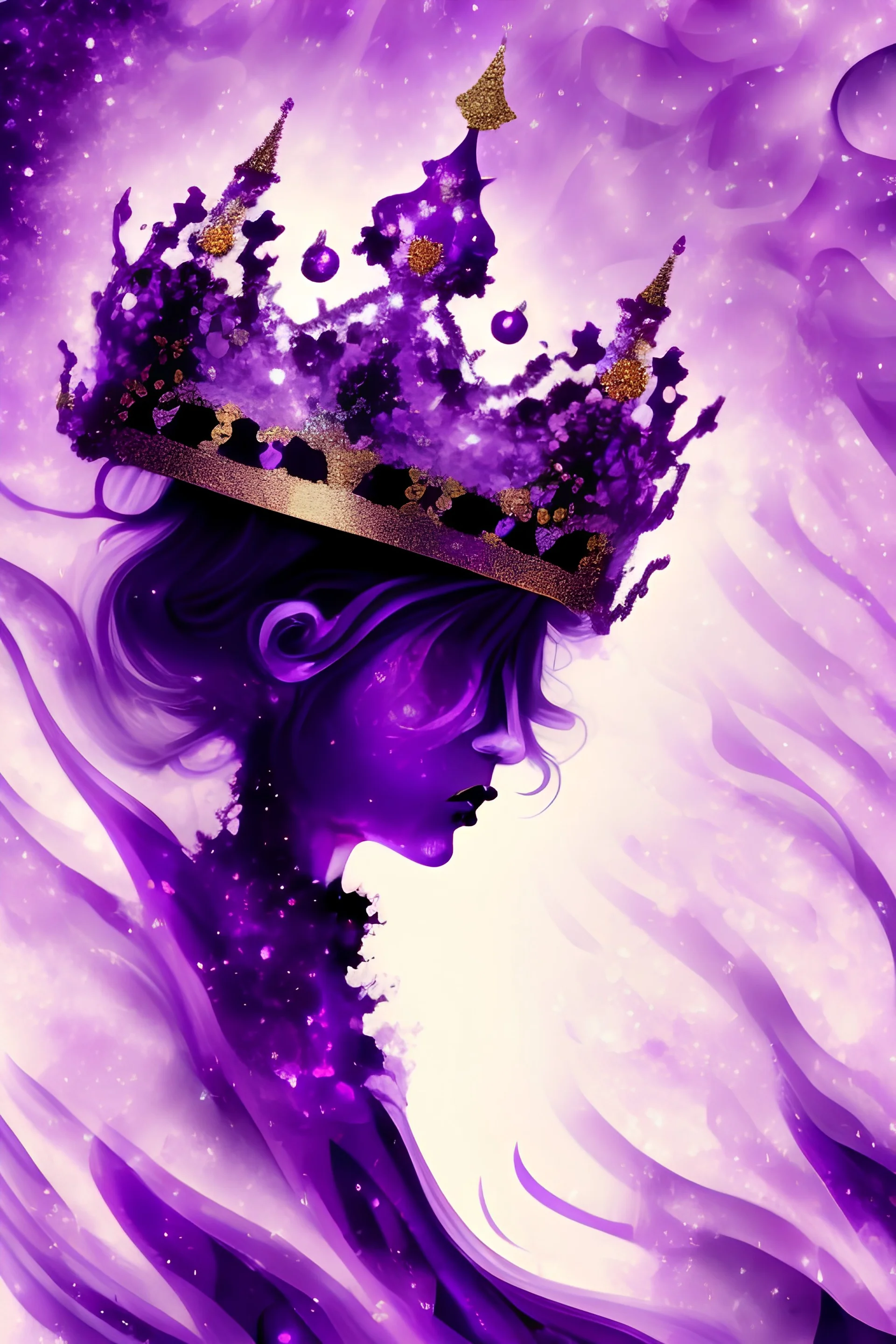 a small figure with a crown in a beautiful purple sparkly background, abstract and fantasy art