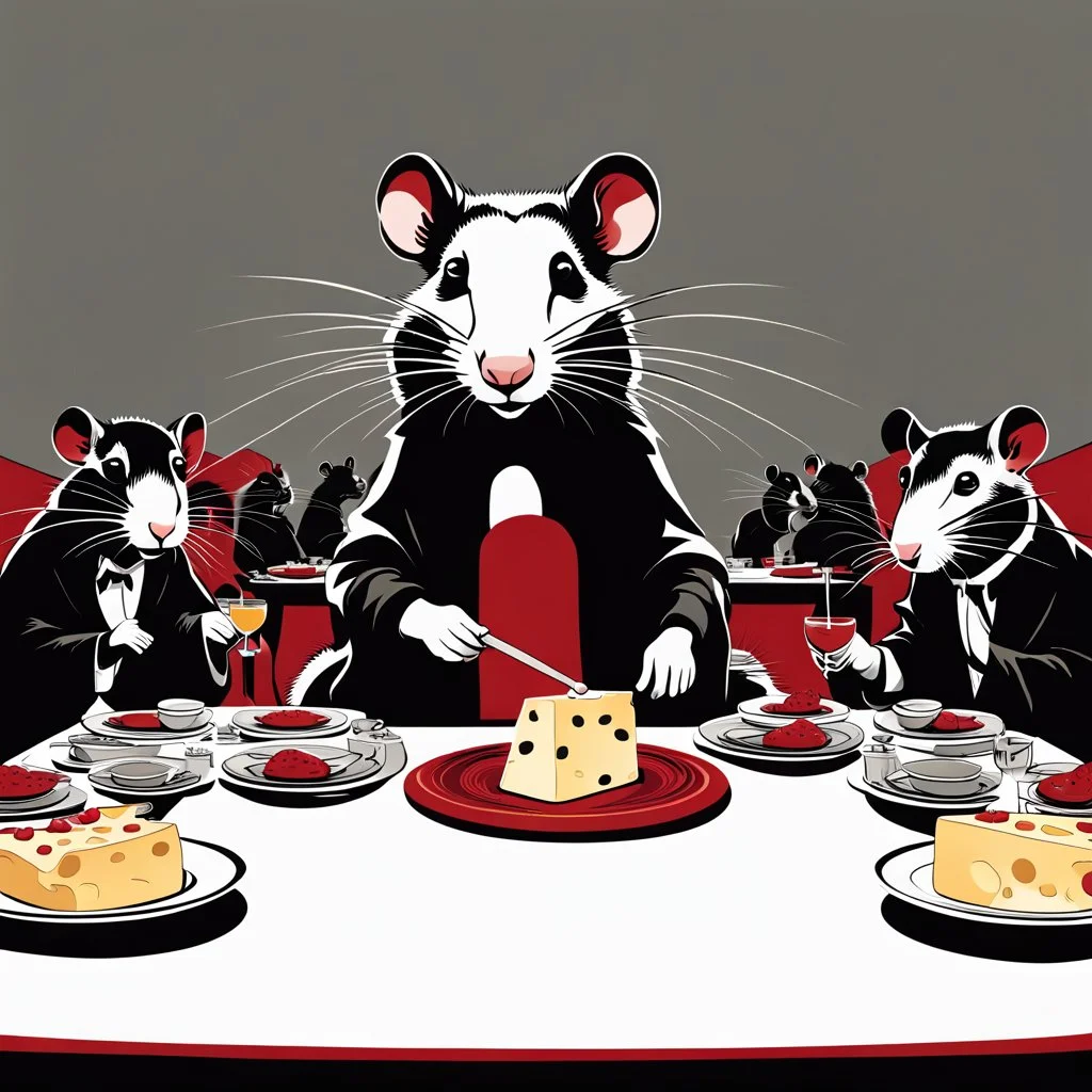 Vector illustration of a (((large rat sitting))) at a banquet table, eating a (((large cheese))), sitting at the same table, (((other rats watching the large rat eat))). White, red and black colors. Banksy style