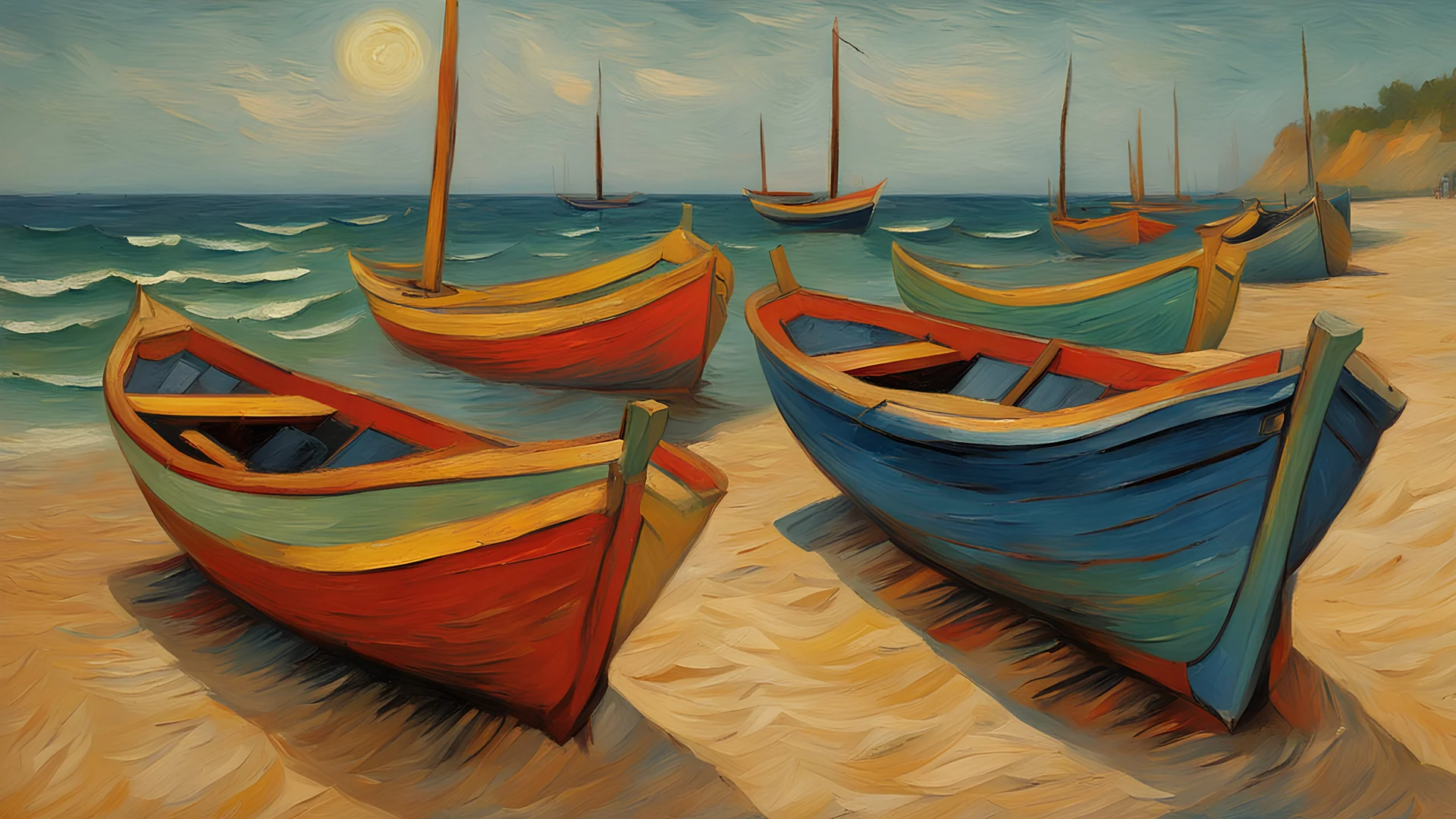 oil painting colorful boats on the beach by van gogh