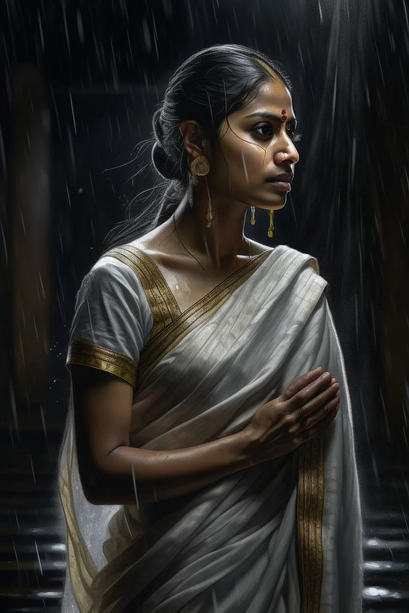 In the dimly light scene, an Indian woman stands gracefully in a wet off-white saree amidst heavy rain and powerful winds on a stormy night. This striking and hyper-realistic oil painting by Philipp Weber captures her beauty and resilience in hardship. The intricate details of the woman's expression, the flow of her saree, and the atmospheric effects of rain and wind are masterfully portrayed, creating a truly captivating and immersive experience for viewers.