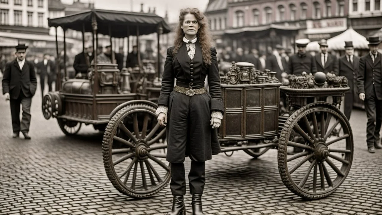 full-length portrait of a pale-faced woman with auburn wavy shoulder-length hair, with metal arms and legs, dressed in leather trousers and jacket, with a blouse, standing beside a steam carriage in a busy market square