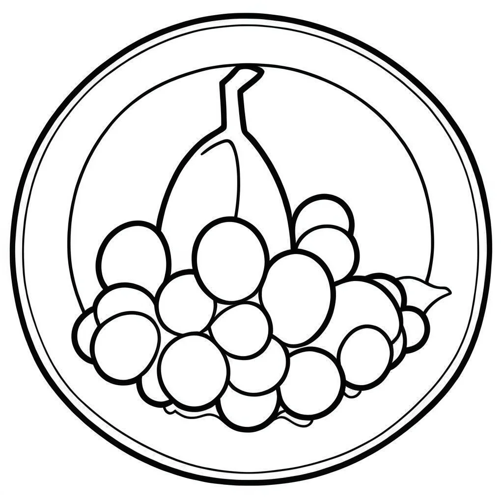 bold and easy Coloring page for toodlers, with a simple grape on plate, very Bold outlines and white background, minimum amount of details, very simple, very thick outlines