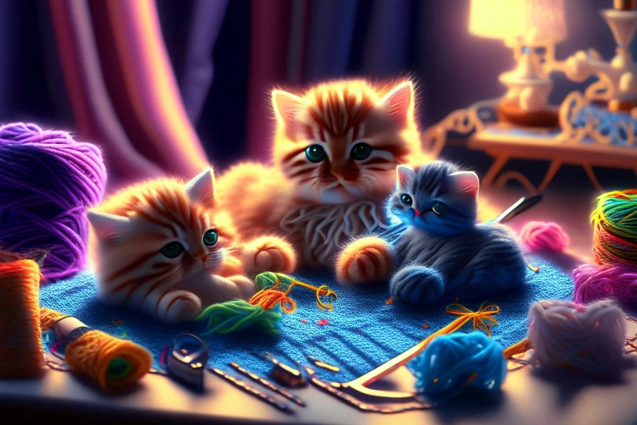 Hand sewn and embroidered extremely cute kittens, threads, sewing needles and a pair of scissors on a table on lace blanket in a luxury bedroom, centre, bold colours elegant fantasy 8k beautiful dynamic lighting award winning imperial colors hyperrealistic ultra detailed 4K 3D high definition crisp quality colourful hdr in sunshine