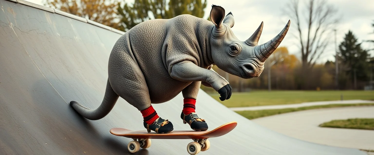 rhino kangaroo sock skating on skate ramp while eating hot dogs