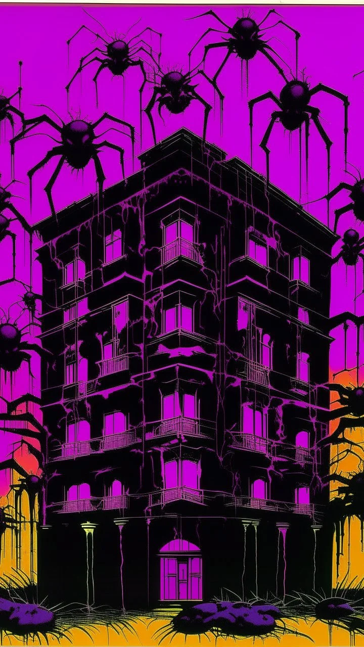 A purple citadel with spiders painted by Andy Warhol