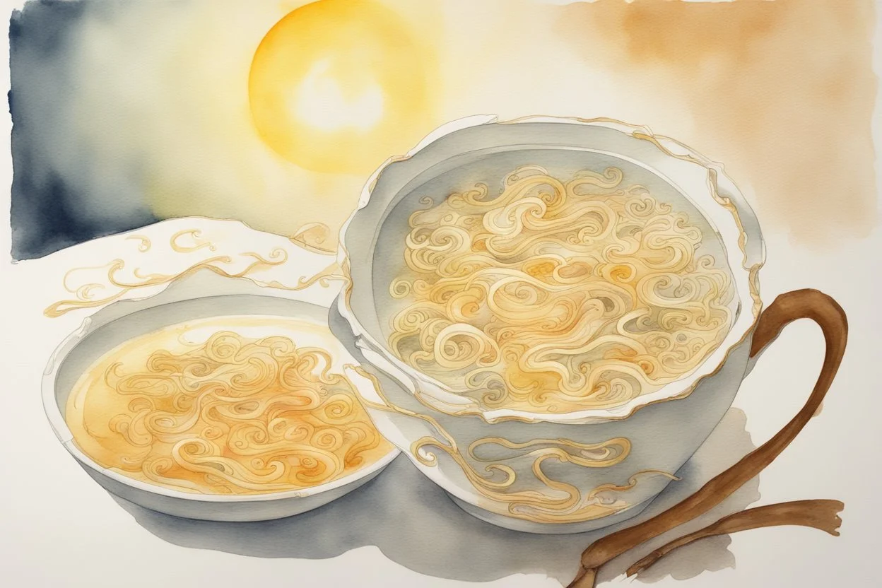 chinese curly soup, watercolor and ink, in sunshine, golden glitters